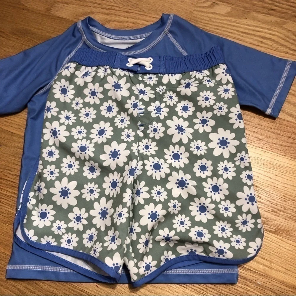 Wonder Nation Swimsuit Modest 5T Shorts Short Sleeve Shirt Rashguard Floral Blue